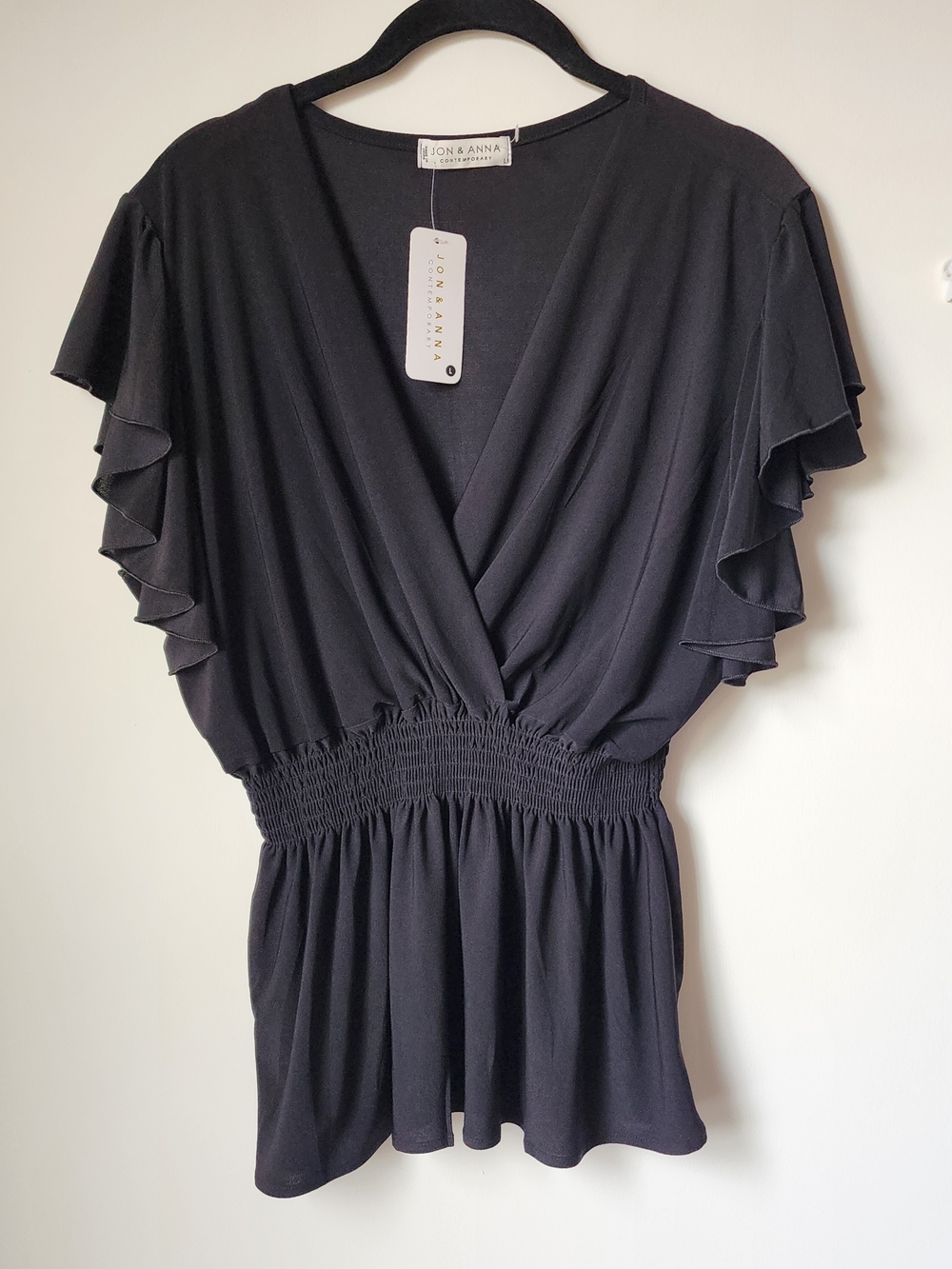 Black Ruffled Sleeve Wrap Top